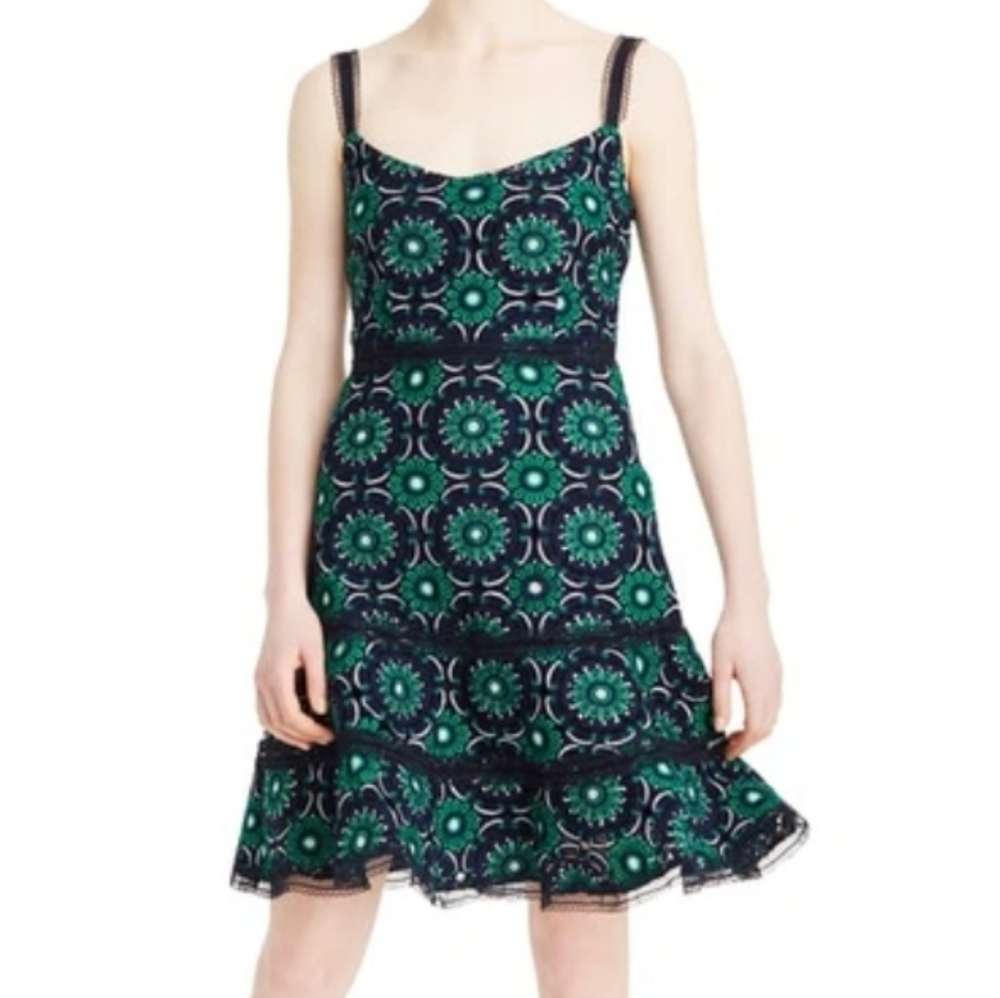 J. Crew Navy Blue and Green Graphic Lace A Line Mini Dress Size 4